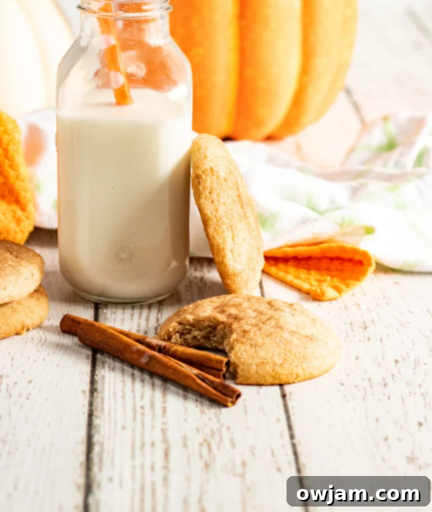 Autumn Snickerdoodles 2 Soft and chewy Pumpkin Snickerdoodles served with a glass of milk on a rustic wooden table, ideal for fall gatherings.