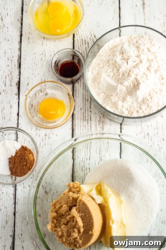 Autumn Snickerdoodles 6 All the essential ingredients for baking Pumpkin Snickerdoodles, neatly laid out on a kitchen counter.