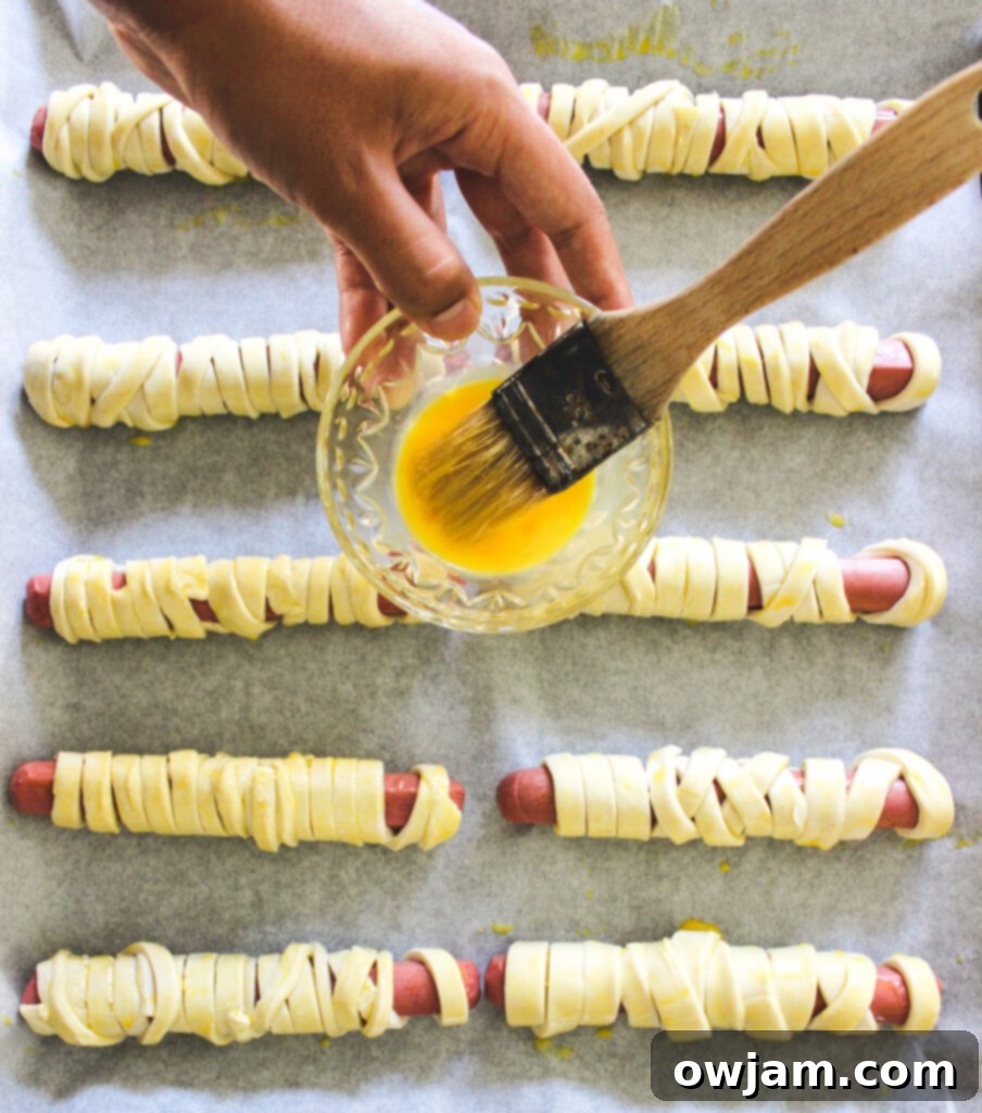Mummy Hot Dogs with egg wash