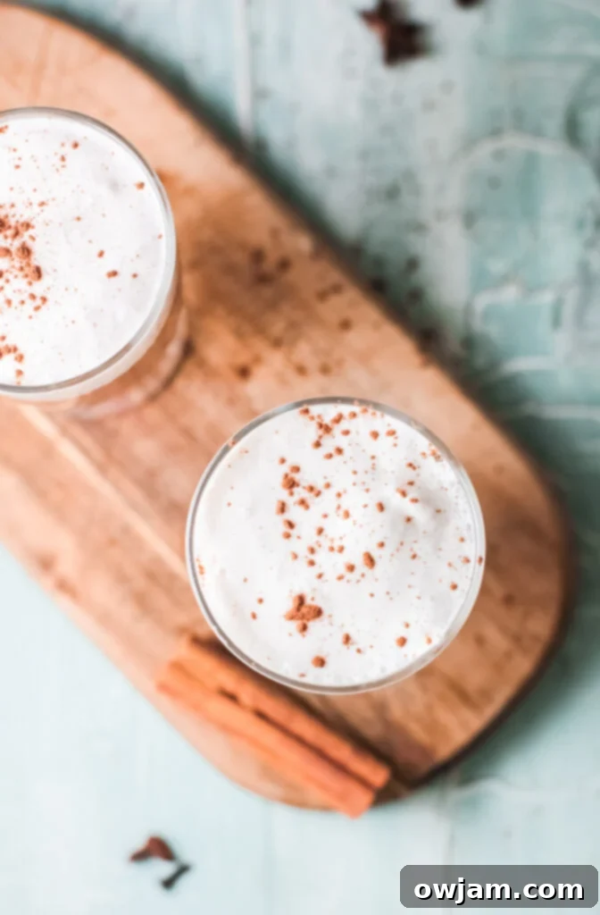Instant Pot Chai Tea Latte, shot from above, showcasing its creamy texture and rich color, ready for a garnish.