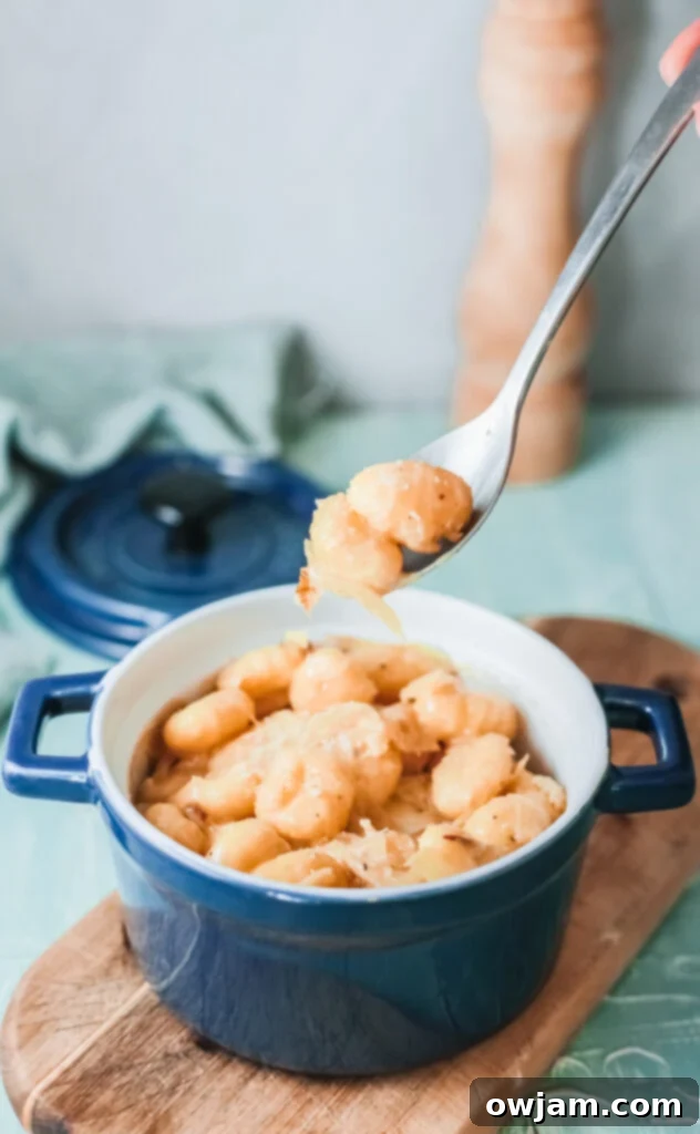 Golden Skillet French Onion Gnocchi 2 A serving of One Pot French Onion Gnocchi with a fork, showcasing its rich, cheesy texture