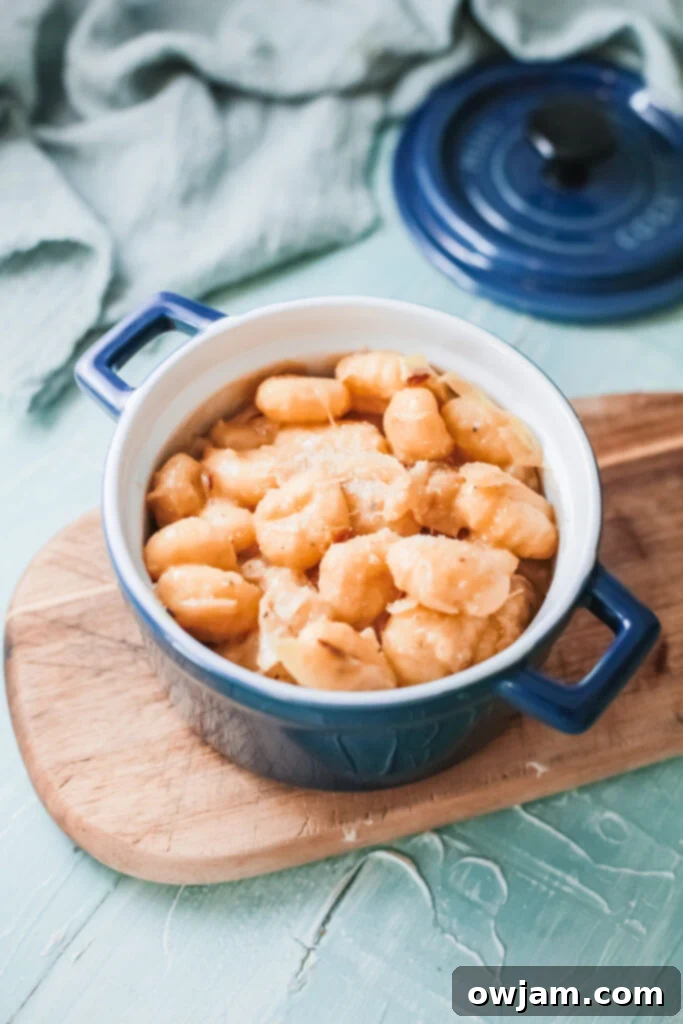 Golden Skillet French Onion Gnocchi 3 One Pot French Onion Gnocchi served in a blue bowl, garnished with fresh parsley