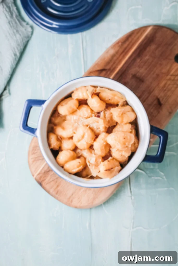 Golden Skillet French Onion Gnocchi 4 An overhead shot of One Pot French Onion Gnocchi in a pan, ready to be served