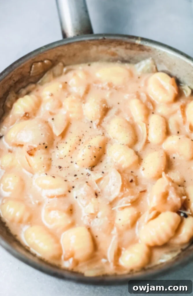 Golden Skillet French Onion Gnocchi 7 Close-up of One Pot French Onion Gnocchi with melted cheese and fresh parsley
