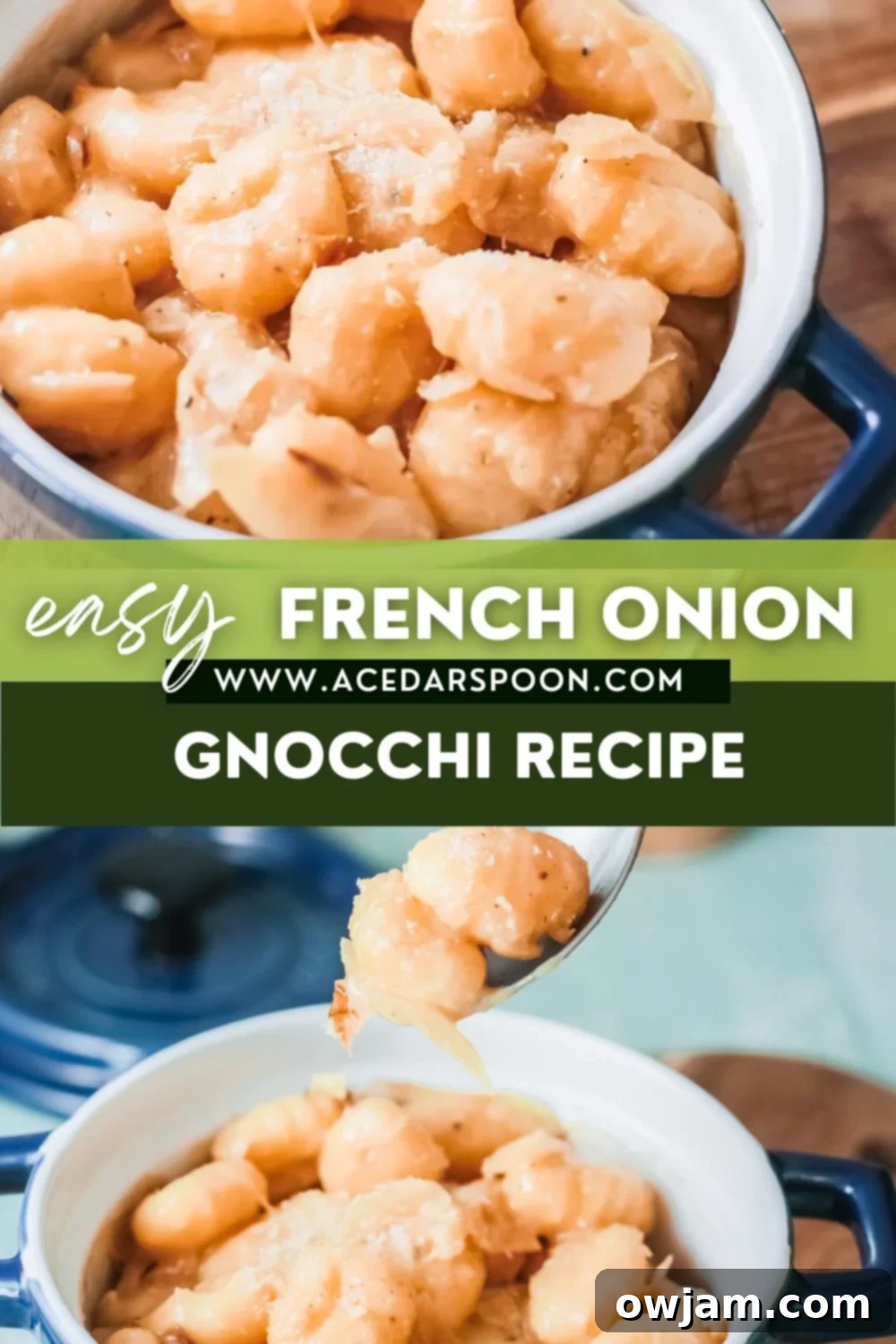 Golden Skillet French Onion Gnocchi 9 Promotional image for One Pot French Onion Gnocchi recipe with website logo