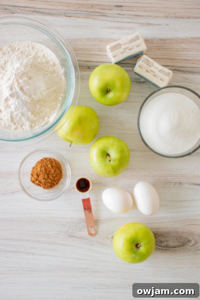 Pumpkin Spice Iced Apple Bars 3 All the ingredients for Apple Bars with Pumpkin Pie Spice Icing, neatly arranged.