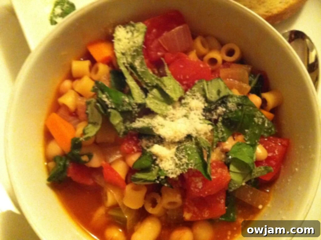 Close-up of a steaming bowl of homemade Easy Minestrone Soup