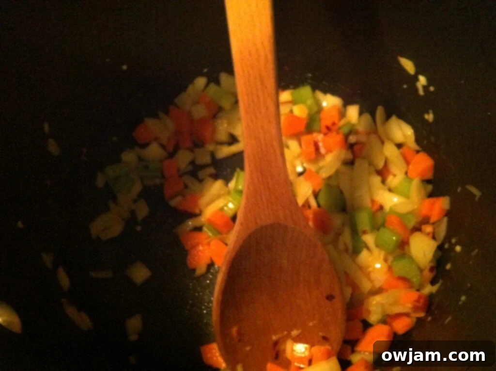 Sautéed onion, carrot, celery, garlic, and chili flakes for Minestrone Soup