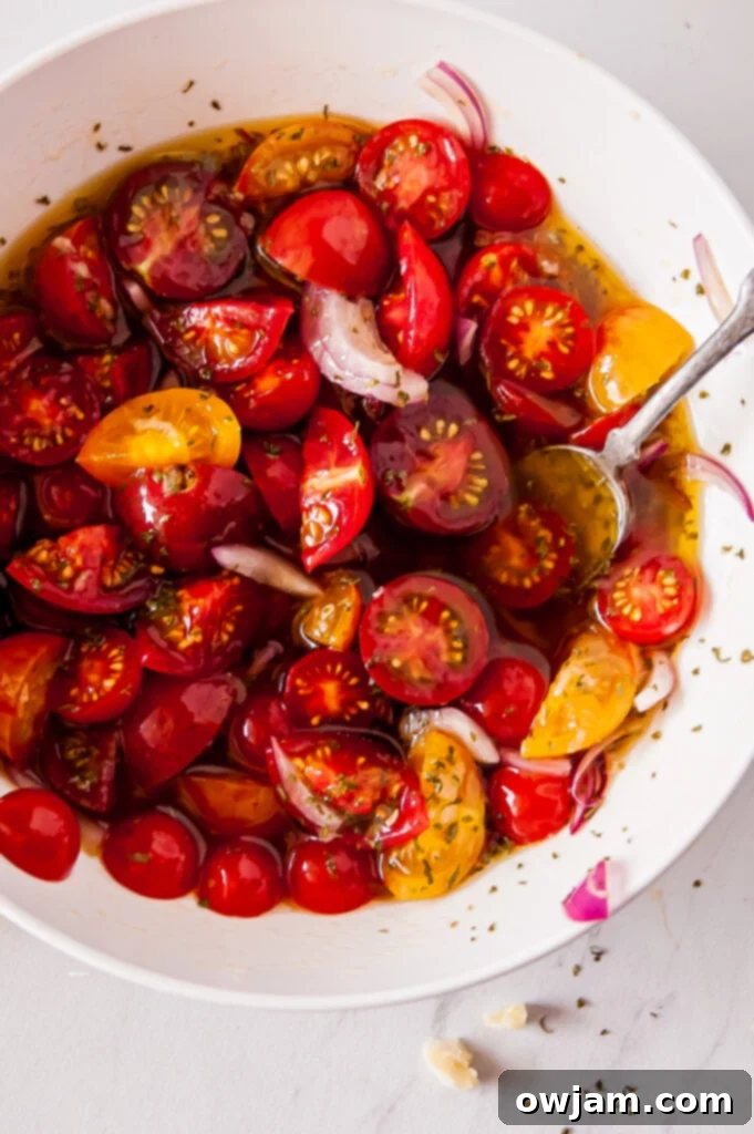 No-Fuss Marinated Tomatoes 2 Simple Marinated Tomatoes in a bowl