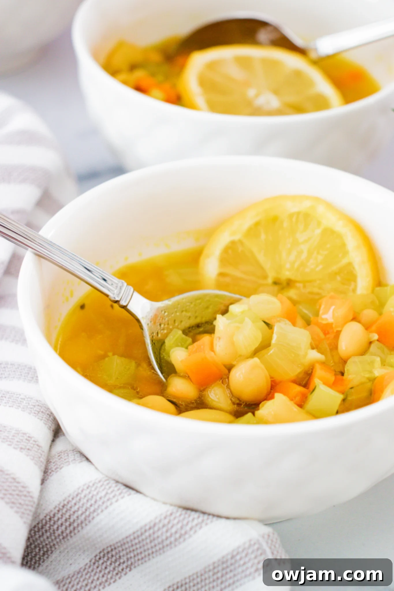 Effortless Vegetable Bean Soup 2 Easy Vegetable Bean Soup Recipe soup in a white bowl, garnished with fresh herbs