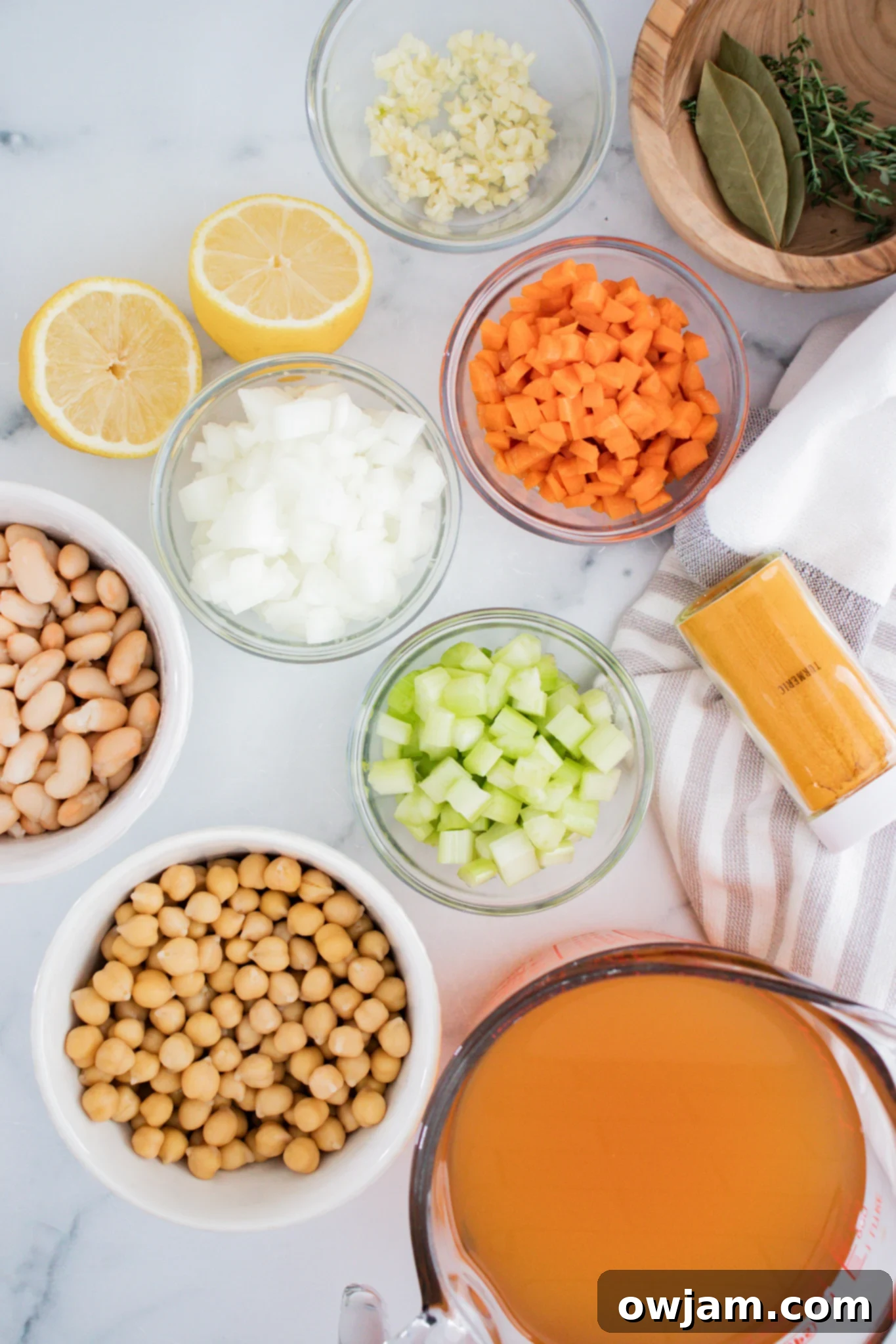 Easy Vegetable Bean Soup Recipe ingredients on a wooden board