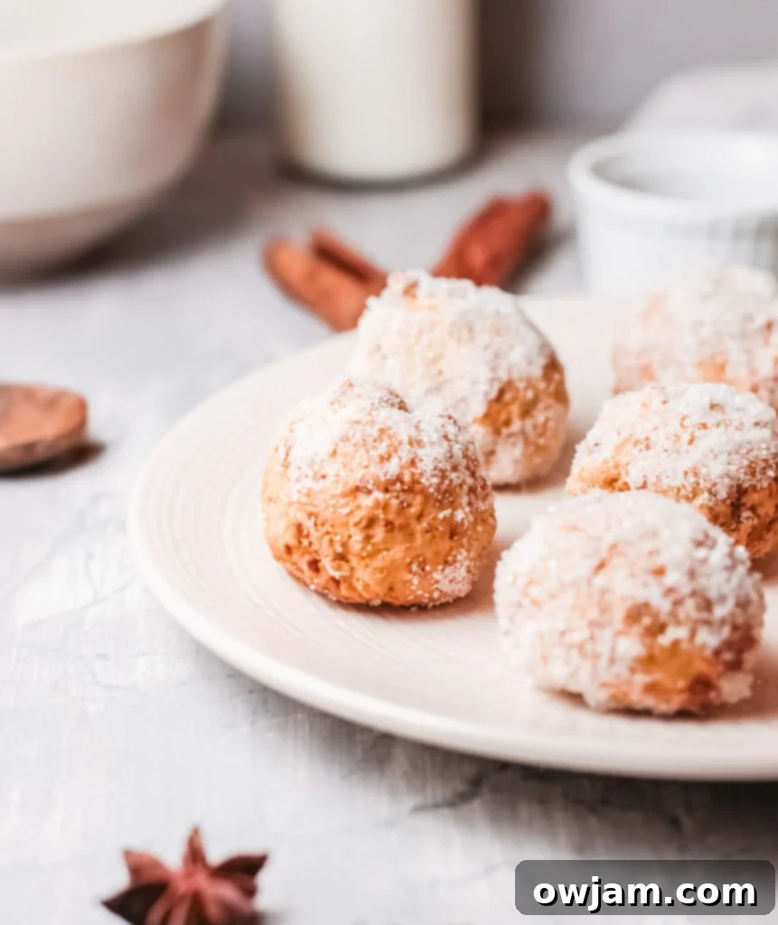 A serving of golden brown Air Fryer Donut Holes dusted with cinnamon sugar on a white plate, ready to be enjoyed.