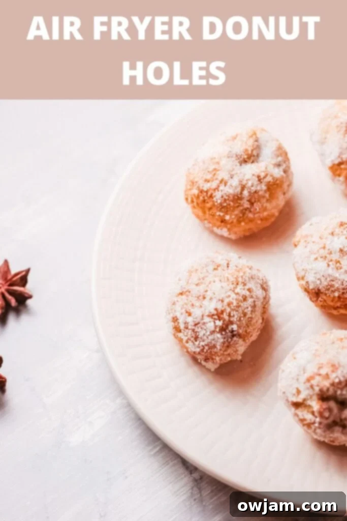 A close-up shot of a single Air Fryer Donut Hole, perfectly coated in cinnamon sugar.