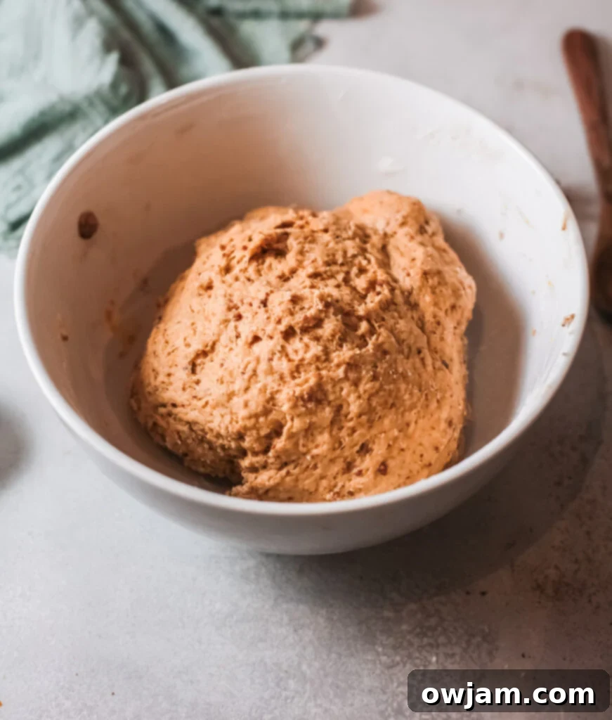 The pumpkin donut dough after being kneaded, smooth and ready for shaping.