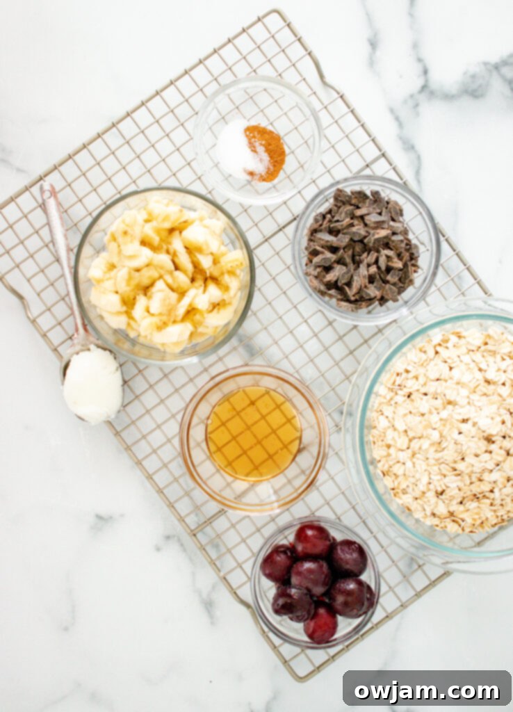 Wholesome Banana Oat Wonders 7 All the ingredients for Banana Oatmeal Muffins laid out on a table before mixing.