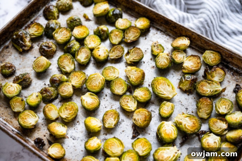 Caramelized Balsamic Brussels Sprouts 6 Perfectly roasted Brussels sprouts, golden and tender-crisp, just out of the oven.