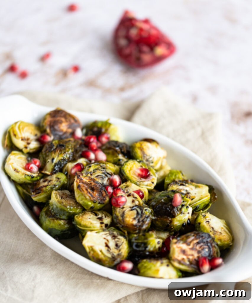 Caramelized Balsamic Brussels Sprouts 8 Plate of Roasted Balsamic Brussels Sprouts garnished with pomegranate arils, ready to be served alongside a main course.
