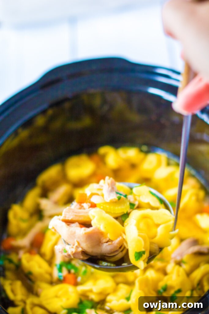 Hearty Chicken Tortellini Delight 6 Frozen cheese tortellini added to the slow cooker with shredded chicken and vegetables, ready to be cooked.