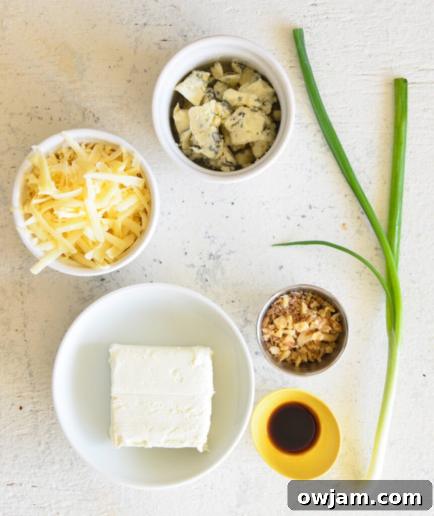 Whip Up a Crowd-Pleasing Cheese Ball 4 Ingredients laid out for a cheese ball recipe