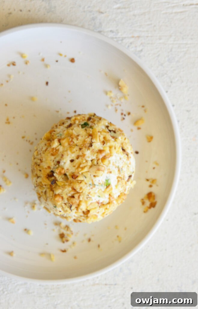 Whip Up a Crowd-Pleasing Cheese Ball 8 Cheese ball rolled in walnuts on a plate, ready to serve