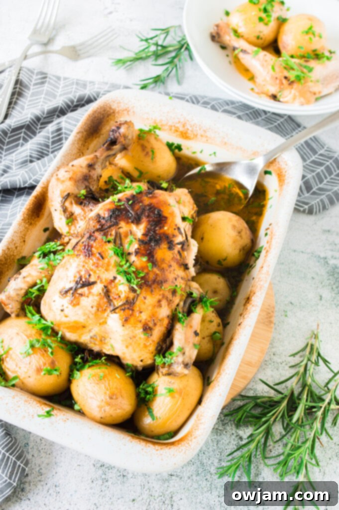 Whole Roasted Chicken with Potatoes in pan