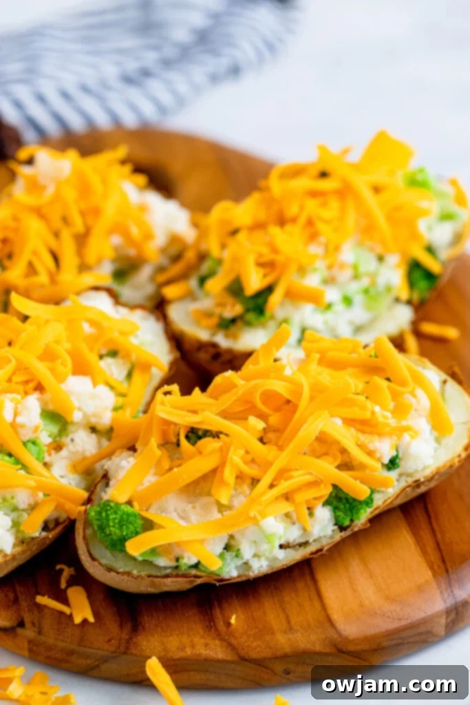 Air Fryer Twice Baked Potatoes topped with cheese, ready for final cooking