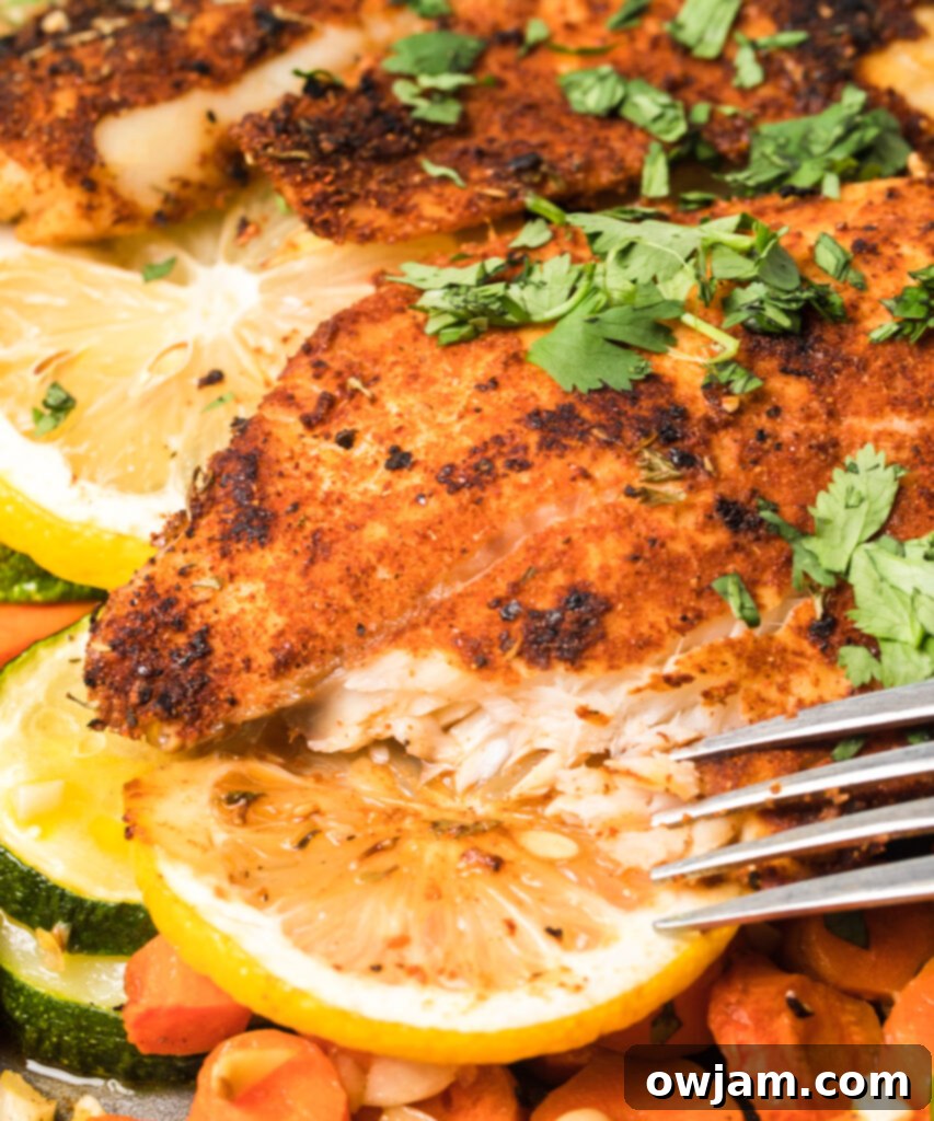 Easy Blackened Fish with fork ready to eat, topped with cilantro