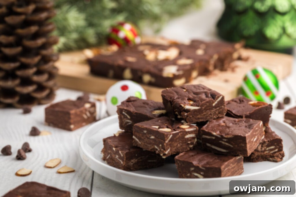 Easy Chocolate Fudge squares on a white plate, ready to be served or gifted.