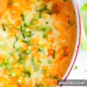 The Ultimate Buffalo Chicken Dip 13 A top-down view of a creamy Buffalo Chicken Dip in a white dish, ready to serve