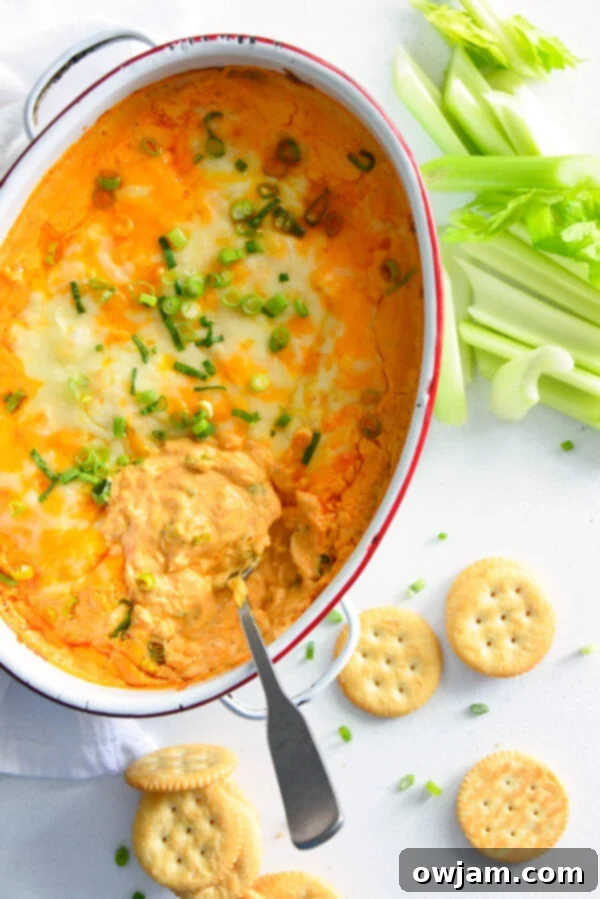 The Ultimate Buffalo Chicken Dip 3 Buffalo Chicken Dip garnished with fresh celery sticks and green onions