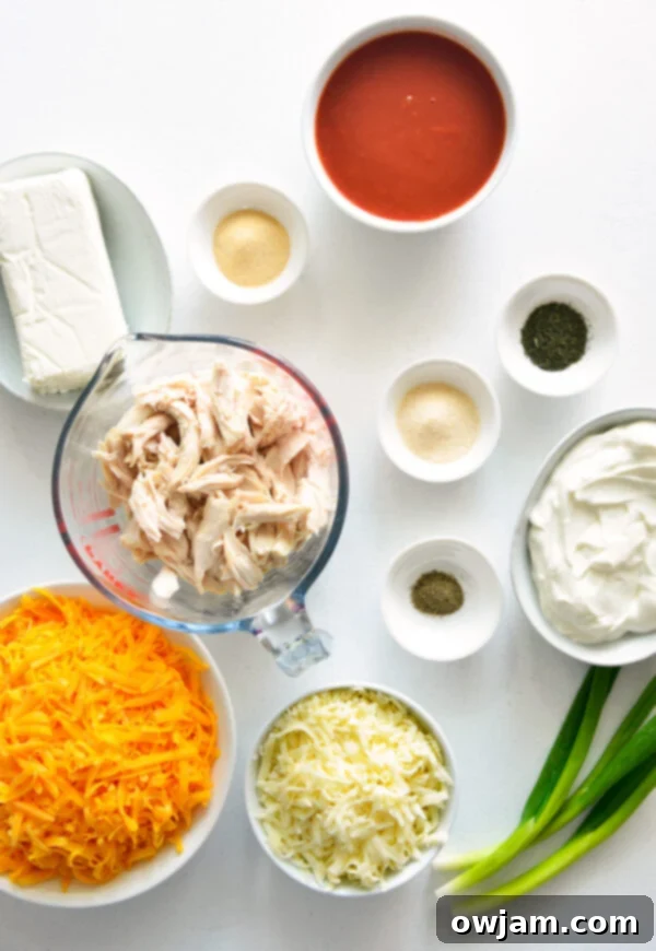 The Ultimate Buffalo Chicken Dip 4 All the essential ingredients for Buffalo Chicken Dip displayed on a wooden surface