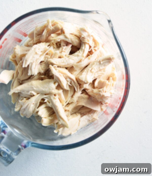 The Ultimate Buffalo Chicken Dip 6 Bowl of freshly shredded cooked chicken, ready to be added to the dip