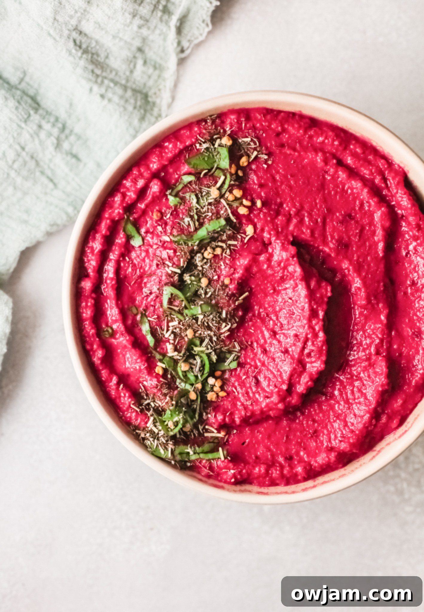 Easy Beet Hummus above shot in bowl