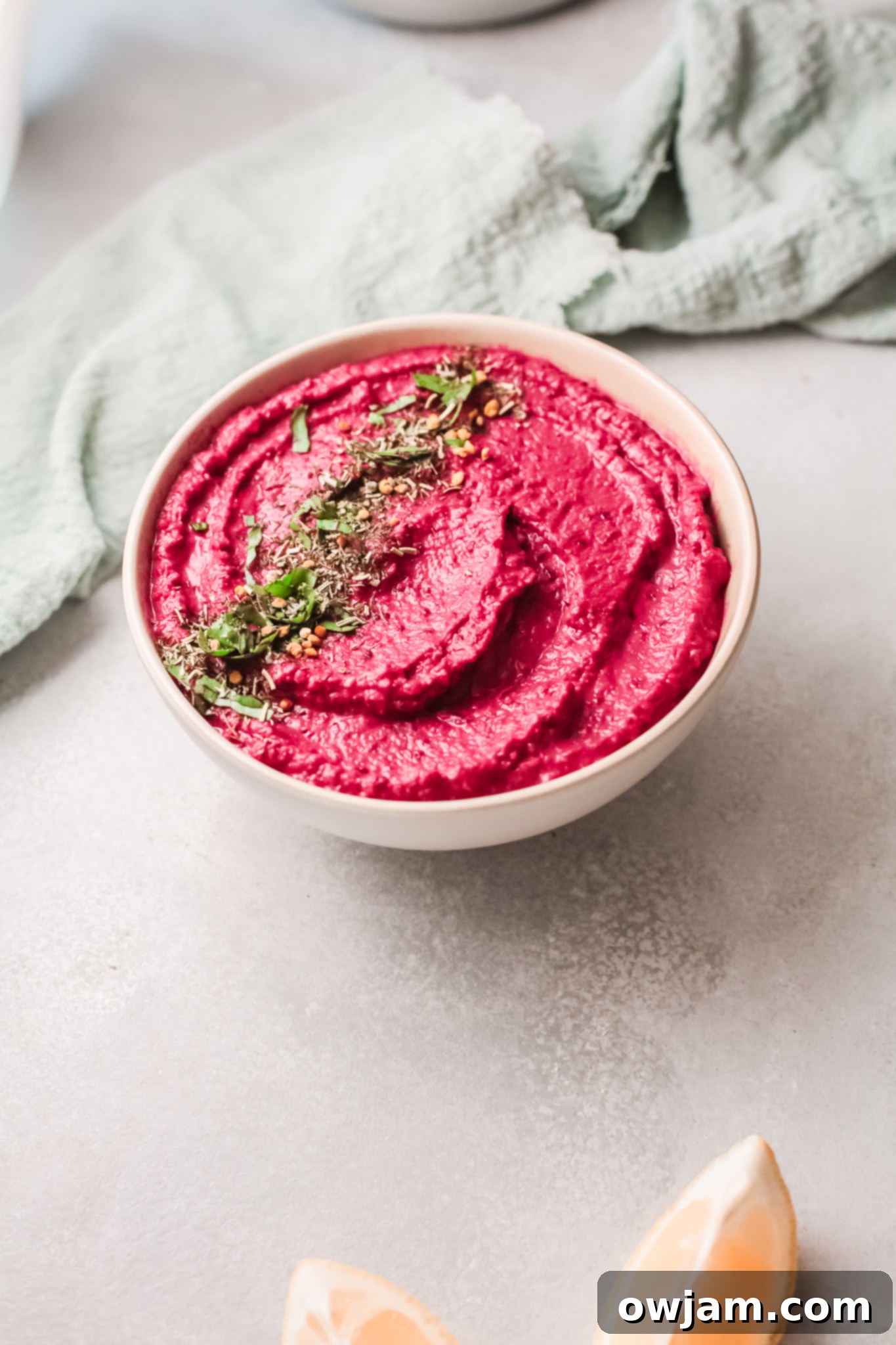 Easy Beet Hummus with napkin