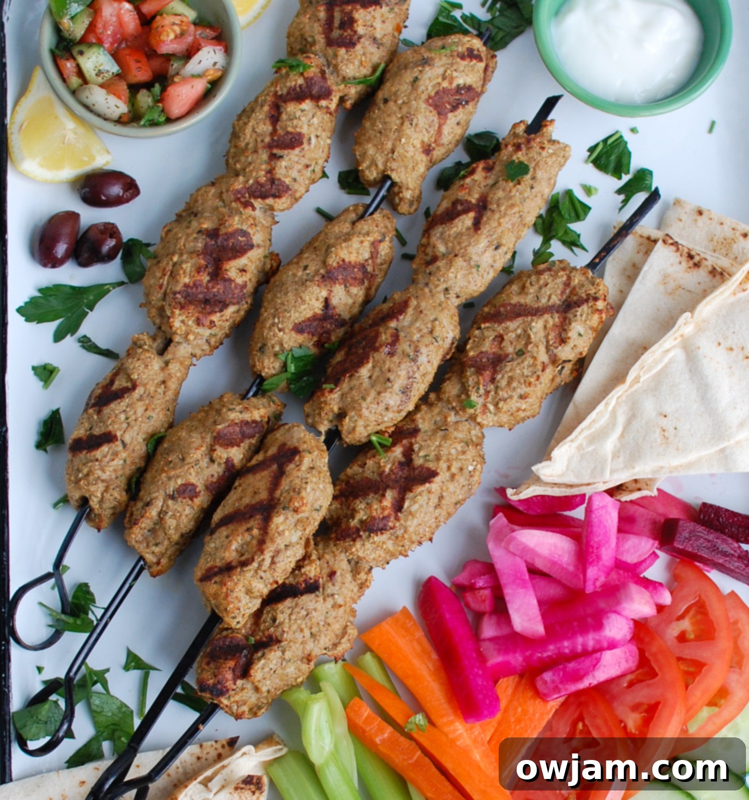 Chicken Meatballs 7 Close-up of a single Chicken Kofta kebab on a white plate, garnished with fresh parsley.