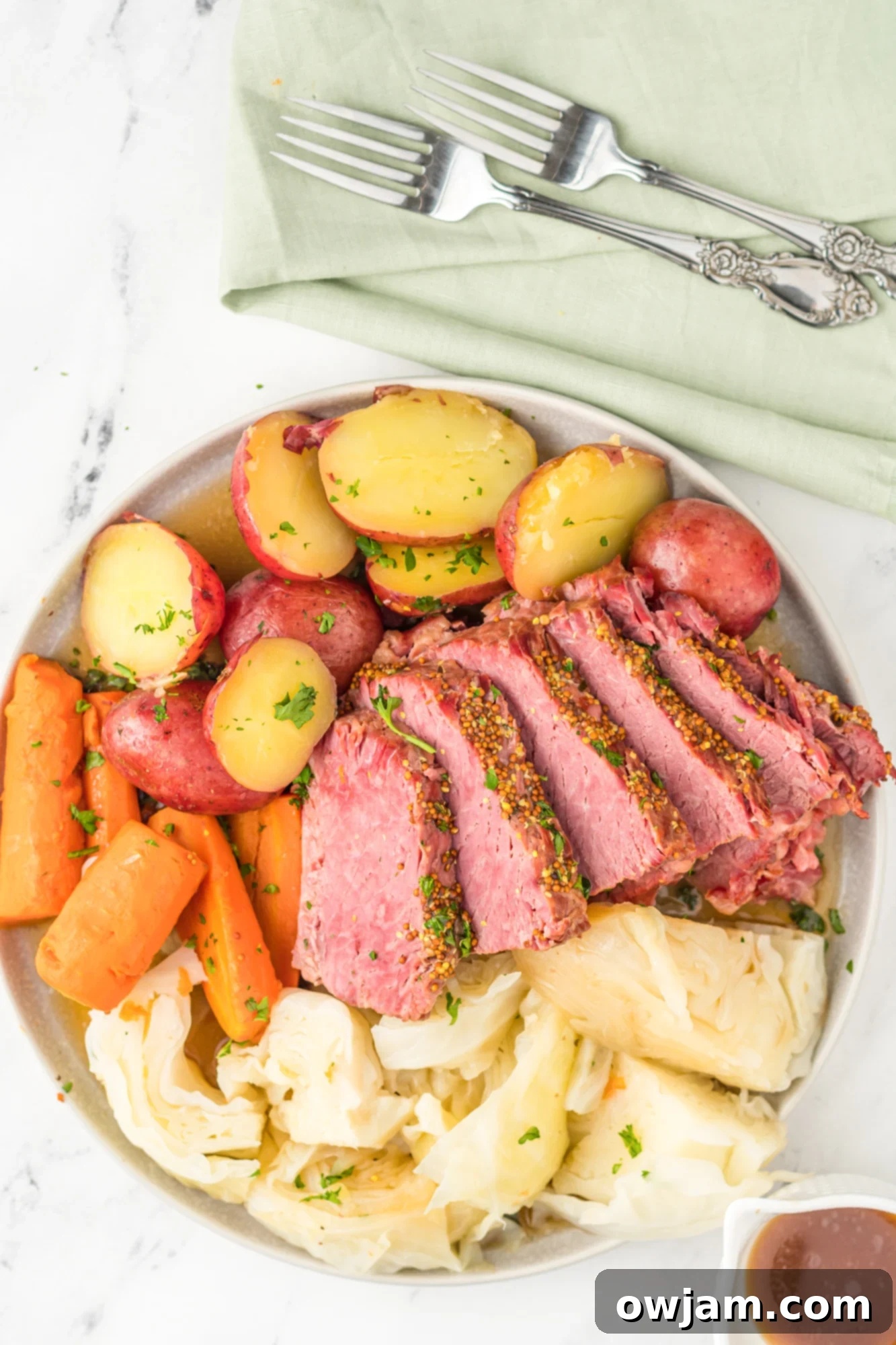 Tender Instant Pot Corned Beef and Cabbage 13 Overhead view of a generous serving of Instant Pot Corned Beef and Cabbage