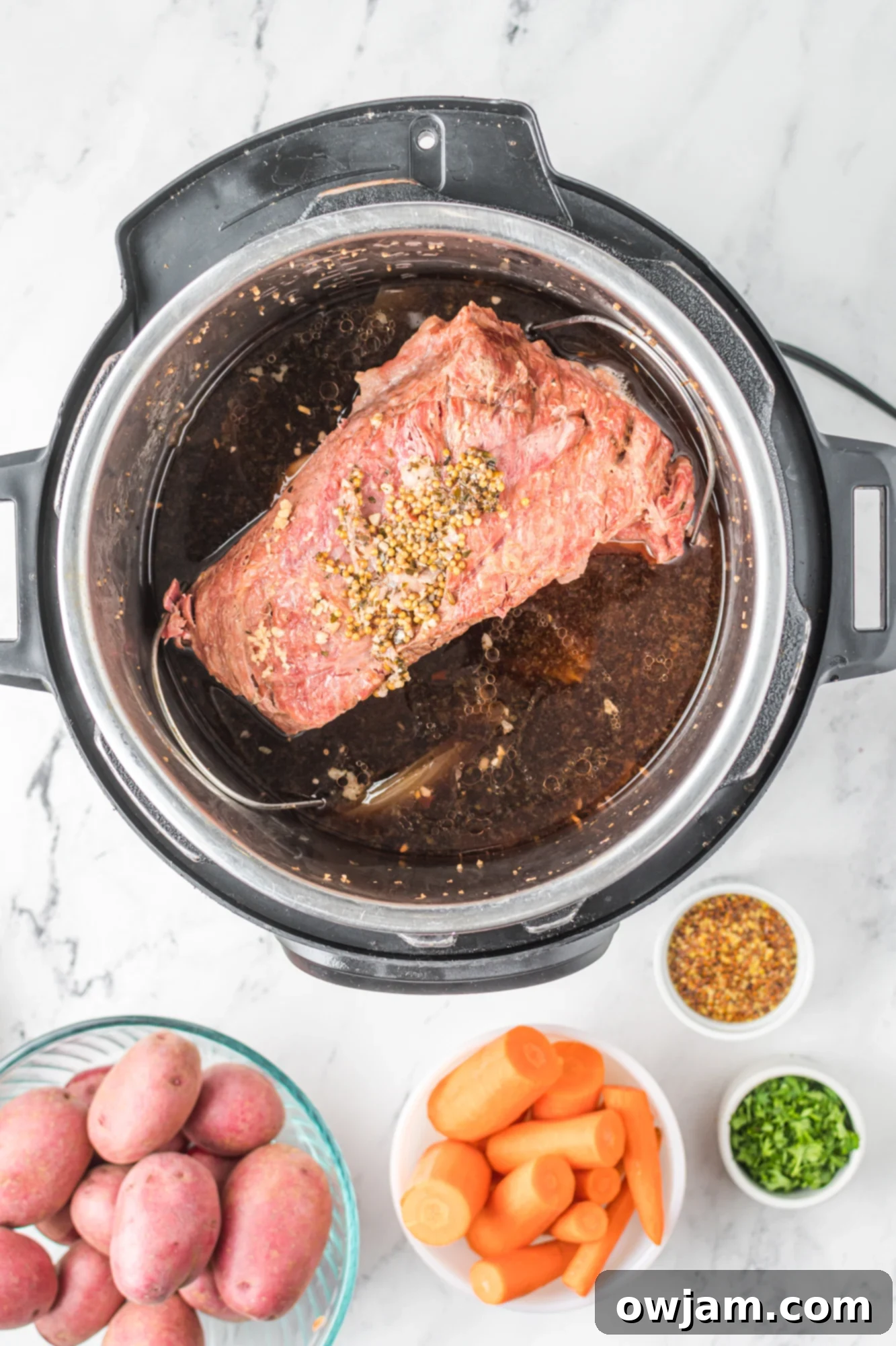 Tender Instant Pot Corned Beef and Cabbage 10 Seasoned corned beef in the Instant Pot before cooking