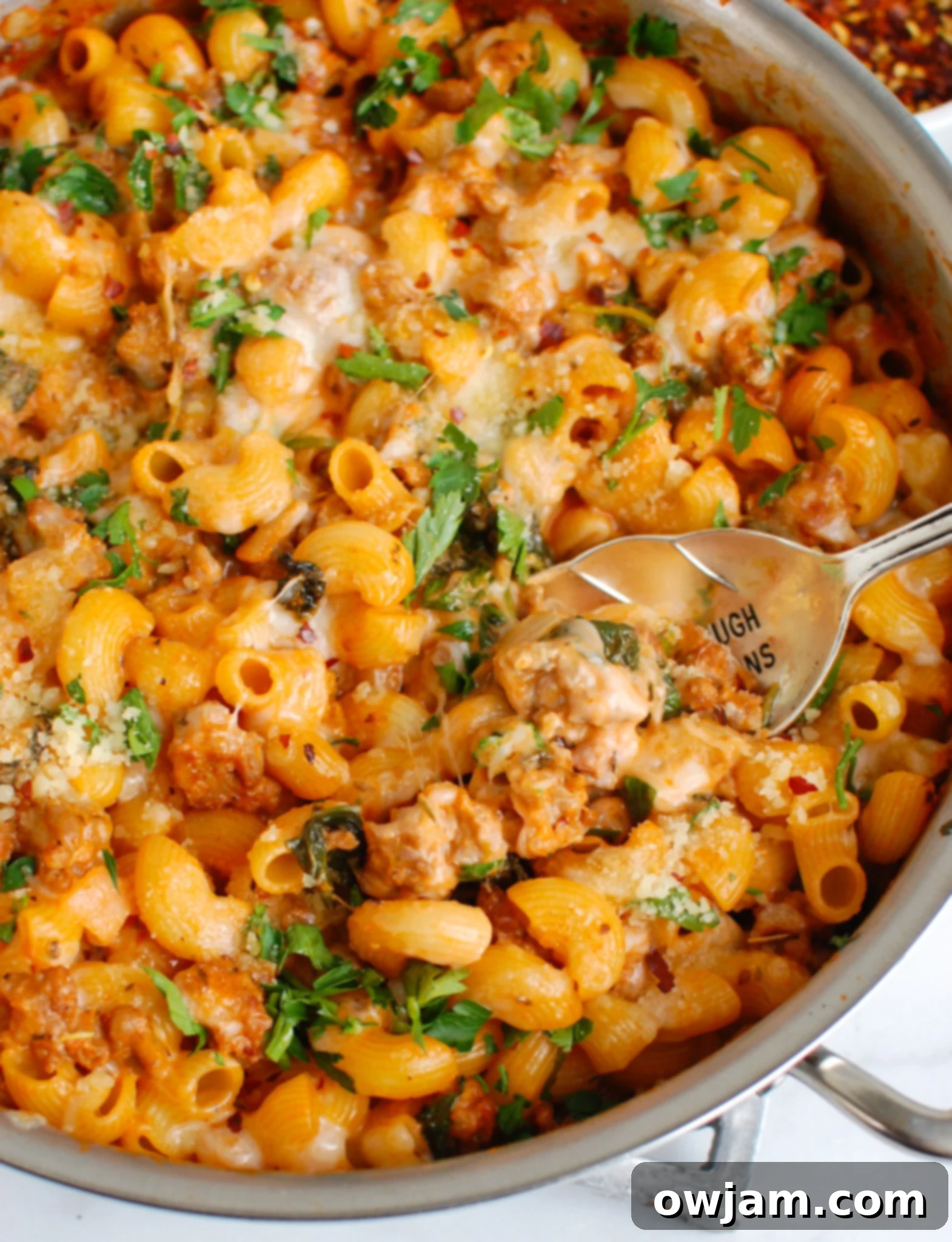 Sizzling Sausage Pasta 2 Spicy Sausage Pasta with spoon, garnished with fresh parsley