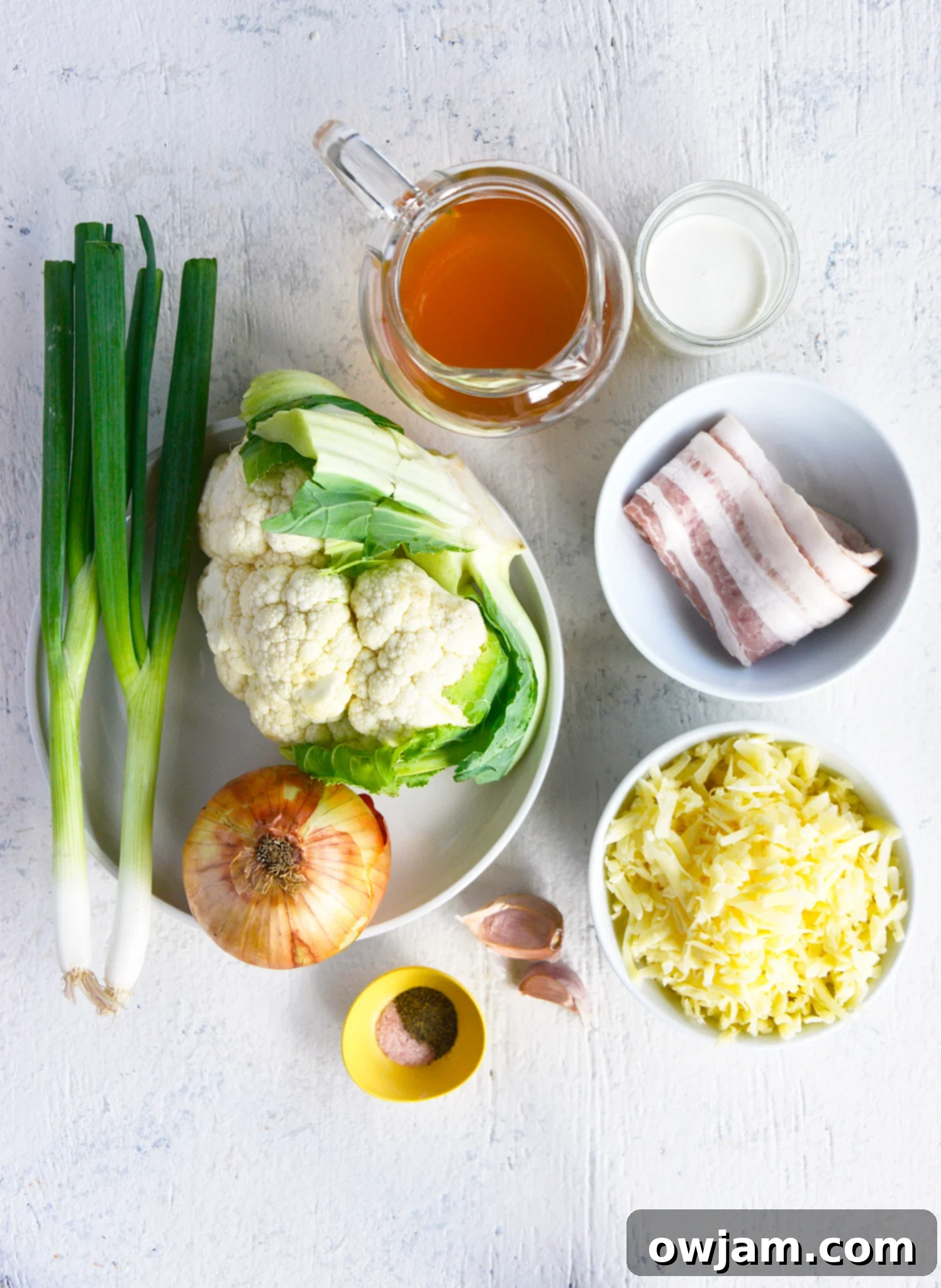 Instant Pot Cauliflower Soup ingredients laid out. 