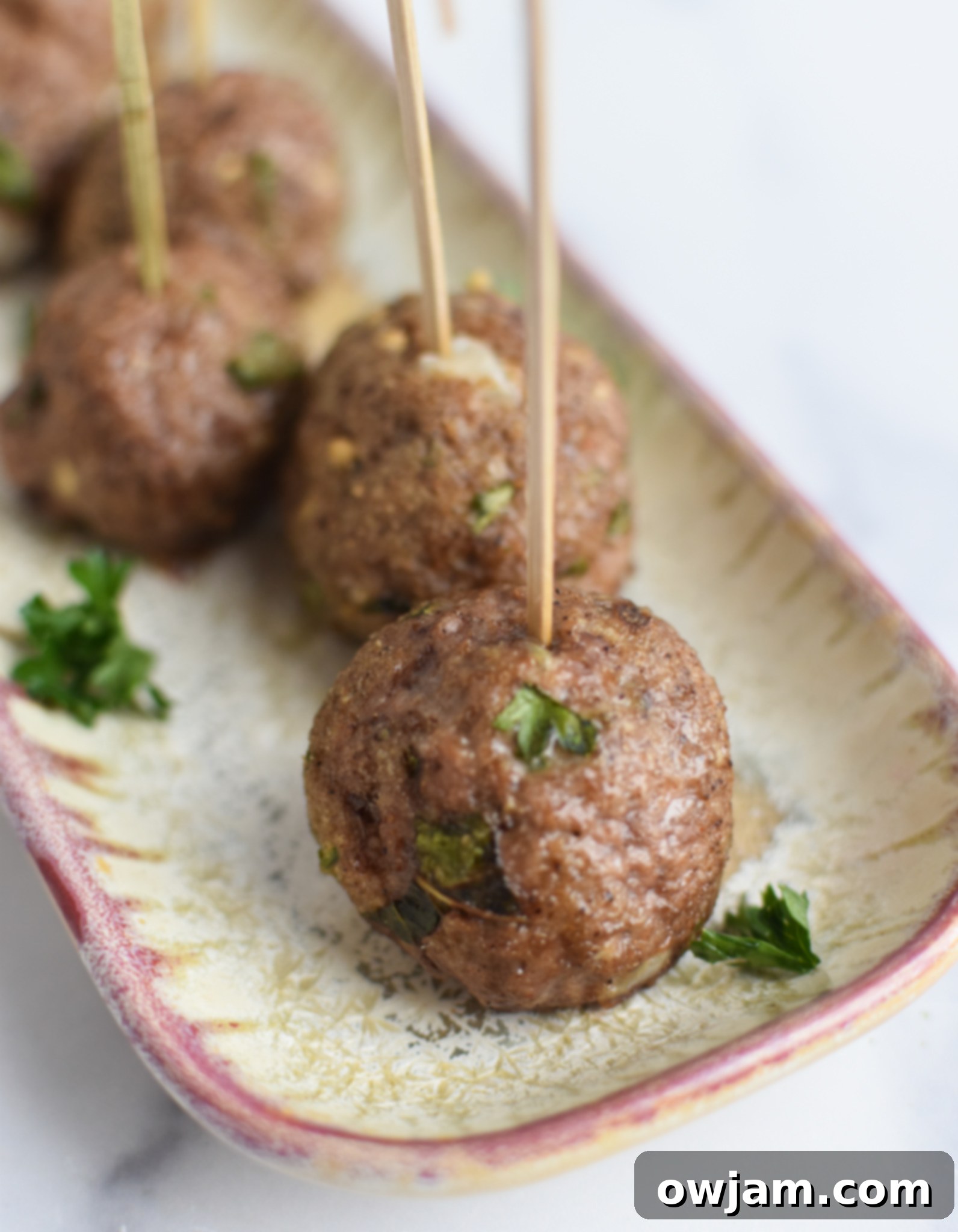 Lamb Kofta with toothpicks on an appetizer platter, garnished with fresh herbs.