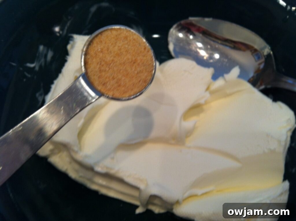 Adding garlic powder to softened cream cheese for the cranberry spread