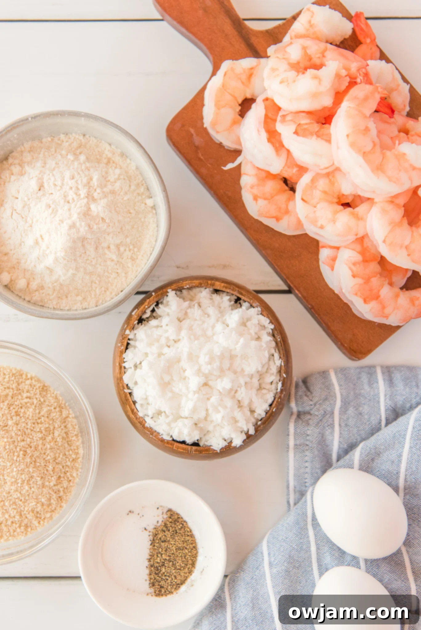 Golden Air Fryer Coconut Shrimp 3 Air Fryer Coconut Shrimp ingredients laid out.