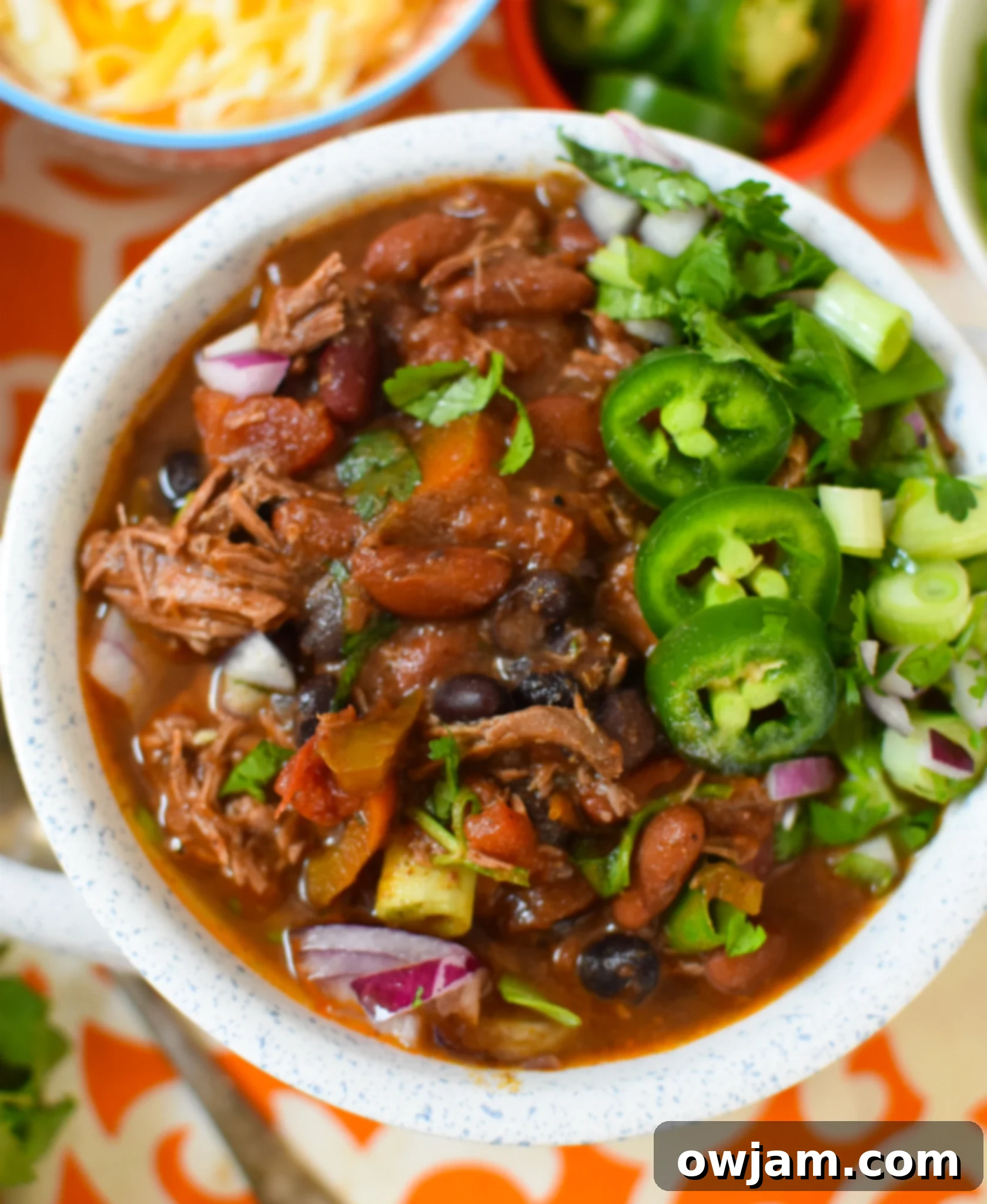 Hearty Chili Con Carne 2 Hearty Chili Con Carne garnished with fresh jalapeños and cilantro.