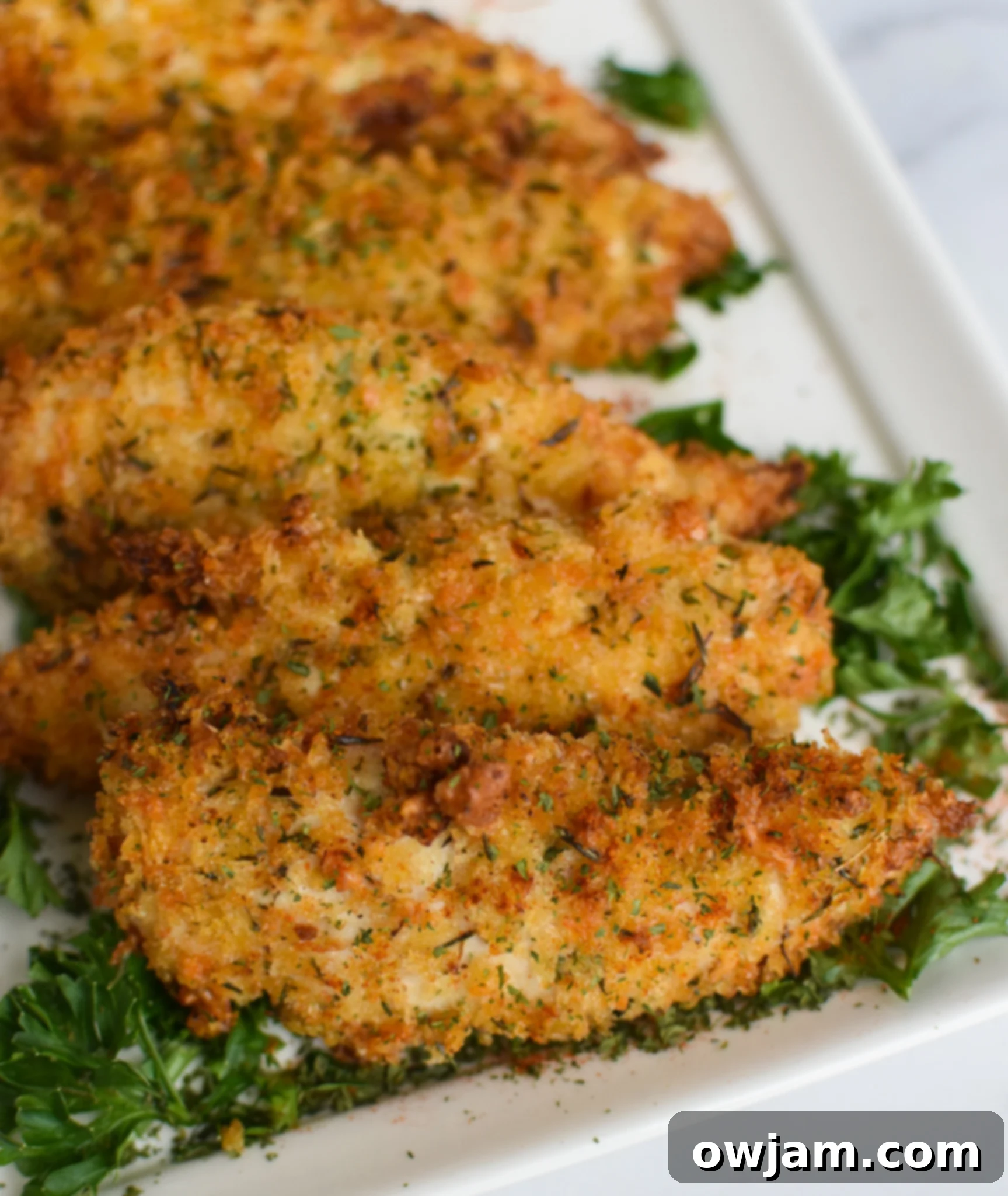 Air Fryer Chicken Tenders arranged on a long white platter.