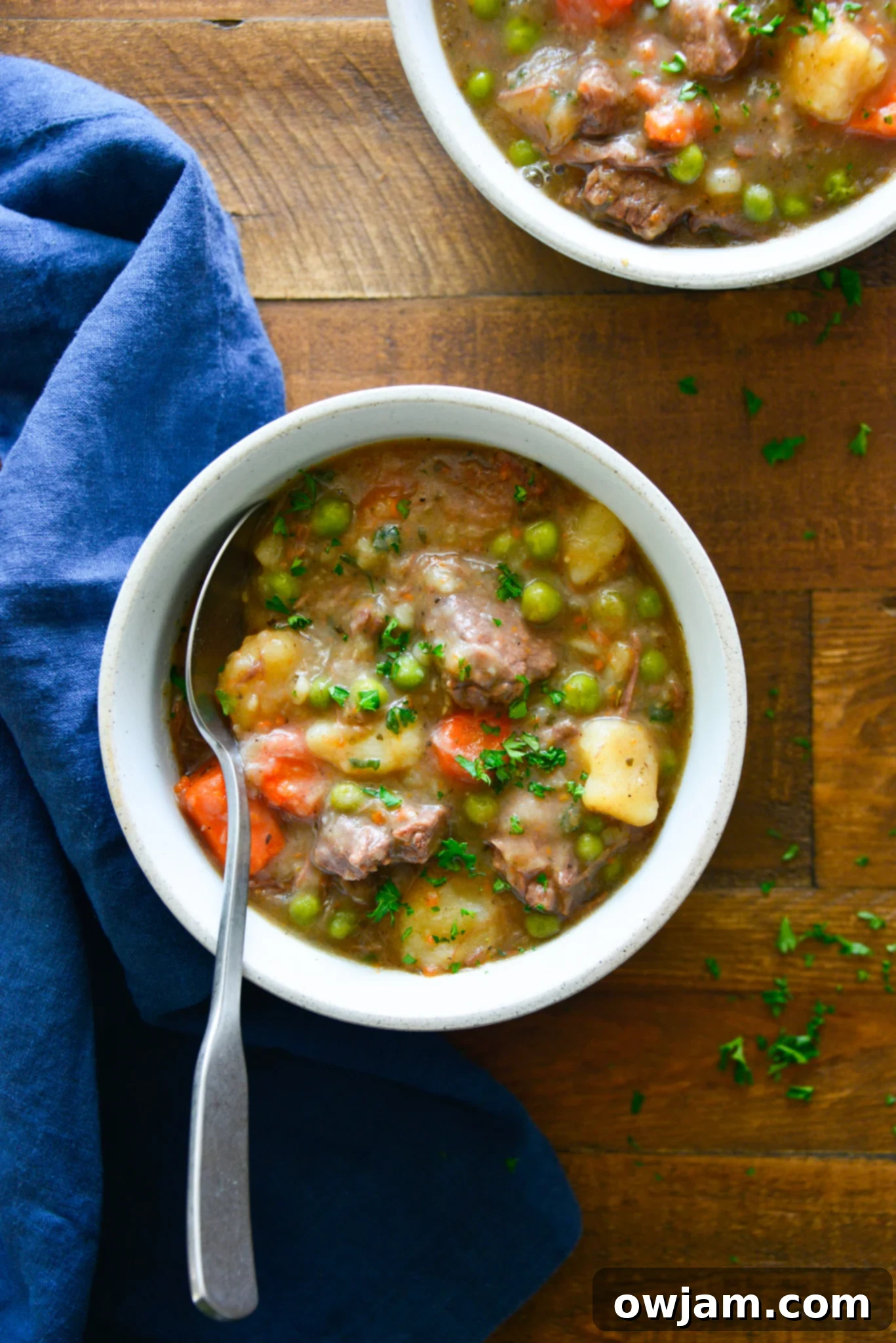 Easy Instant Pot Beef Stew 10 Instant Pot Beef Stew Recipe with a rustic napkin, emphasizing its comforting appeal.