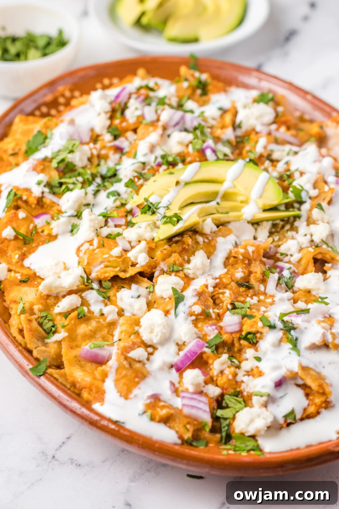 Traditional Red Chilaquiles 2 Chilaquiles Rojos Recipe served on a platter, garnished with fresh avocado slices and crumbled cheese.