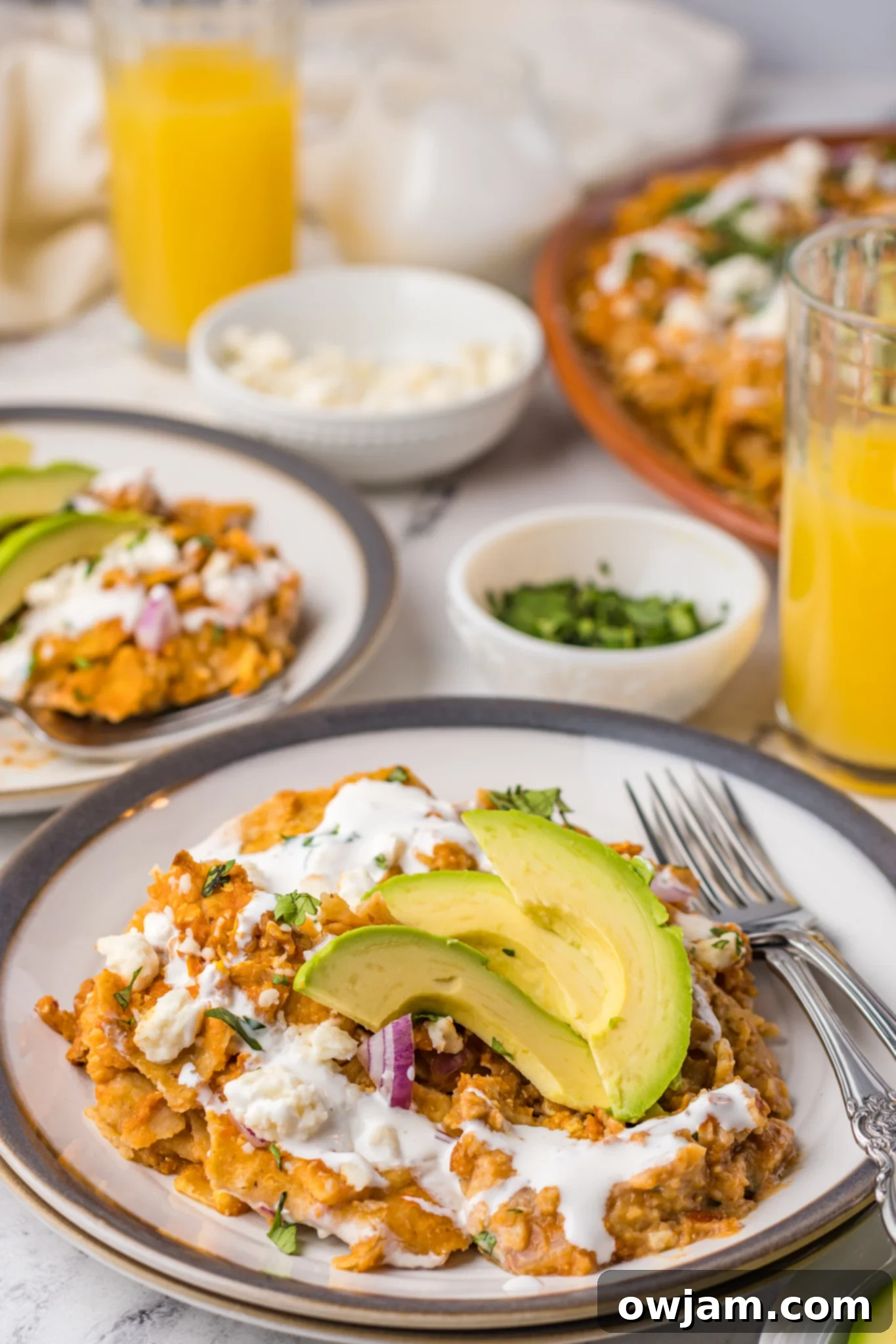 Traditional Red Chilaquiles 6 A plate of Chilaquiles Rojos with a fork, ready to be eaten, showing the rich red sauce, eggs, and toppings.
