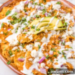 Traditional Red Chilaquiles 8 Chilaquiles Rojos Recipe on a platter with avocado on top.