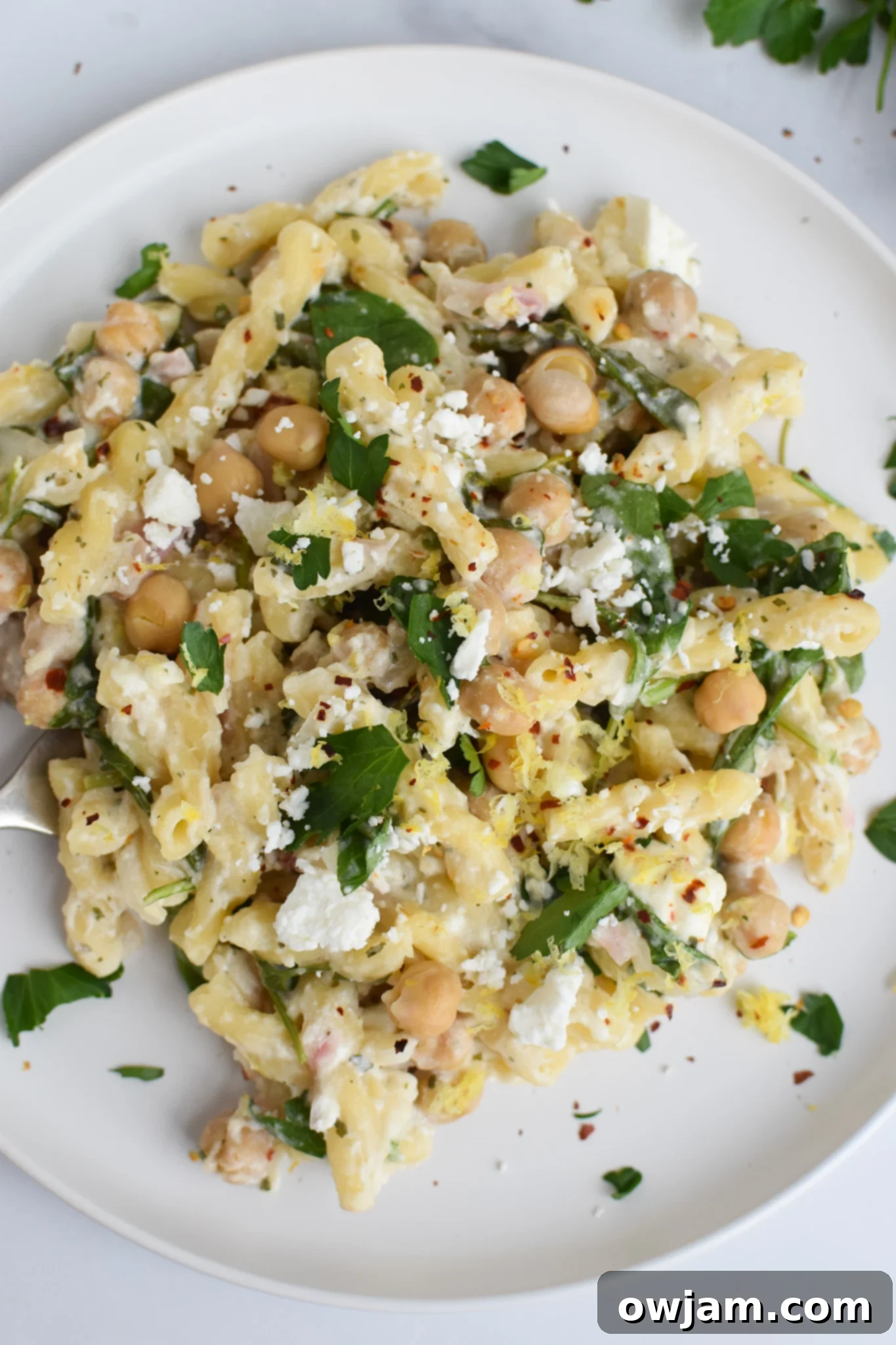 Mediterranean Chickpea Pasta with Feta 2 A serving of Chickpea Pasta with Feta on a white plate, garnished with fresh herbs, ready to be enjoyed.