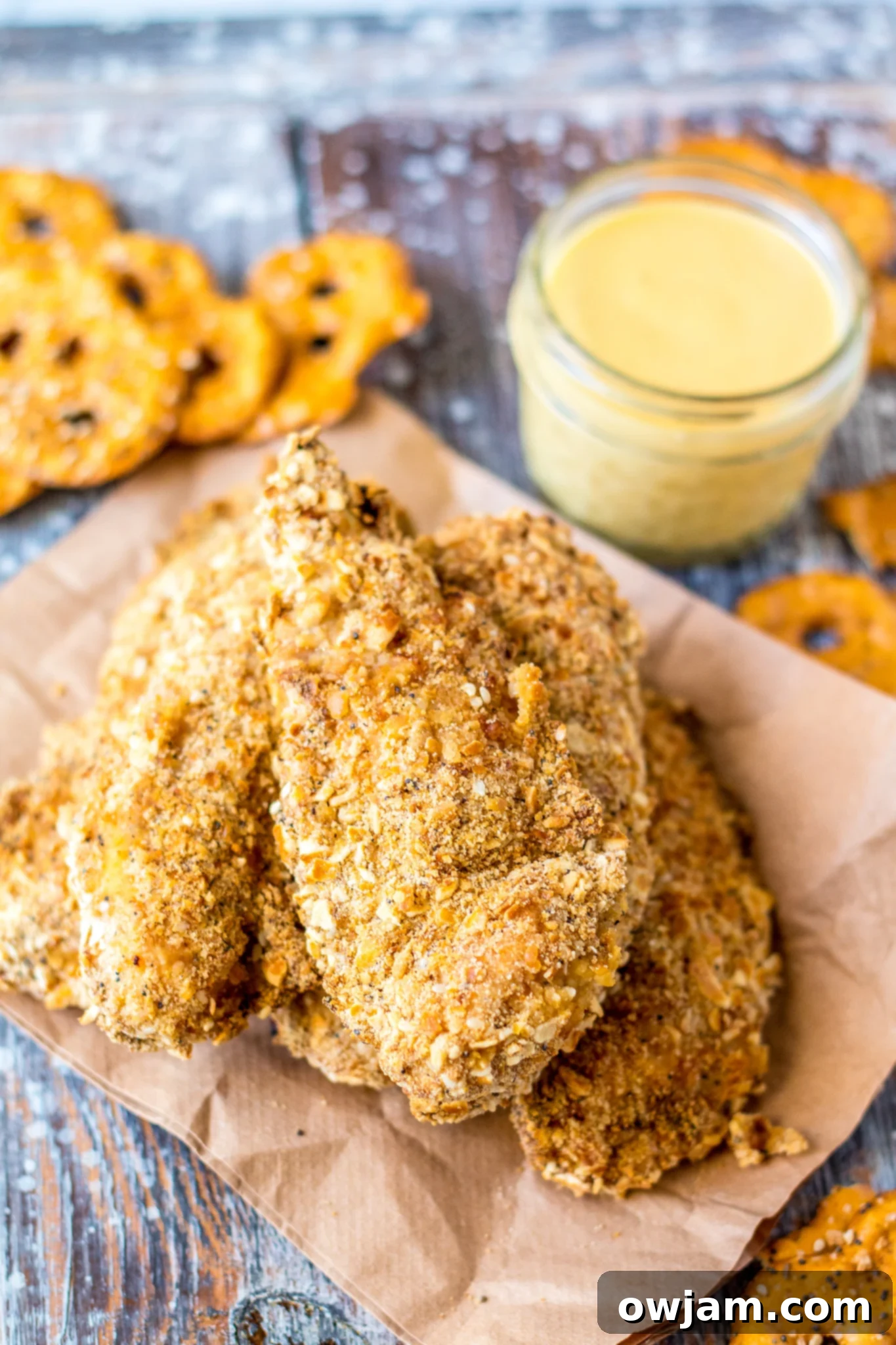 Crunchy Pretzel Chicken 2 Pretzel Crusted Chicken Tenders with honey mustard dipping sauce, served on a white plate with fresh parsley garnish.